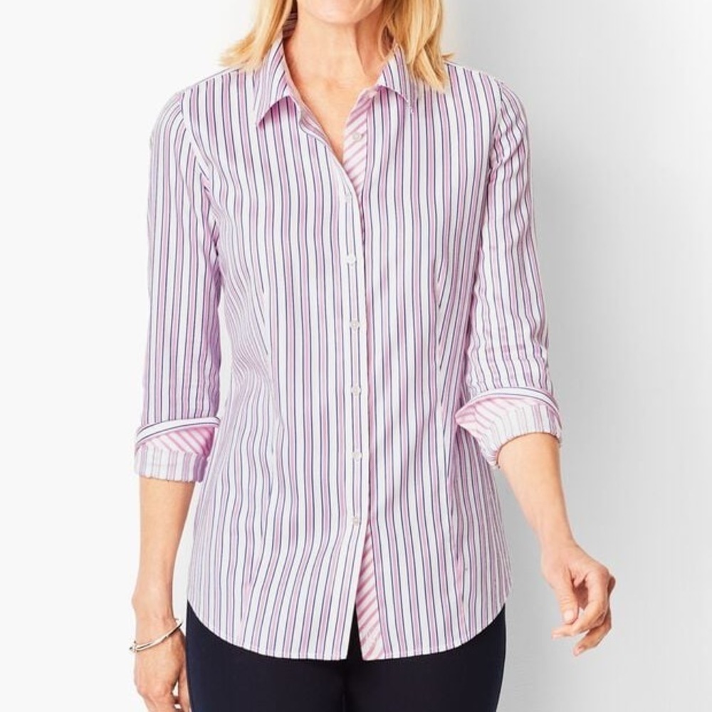 Talbots Perfect Shirt Pink Blue Preppy Stripe Fitted Button Up Shirt Non Iron 10